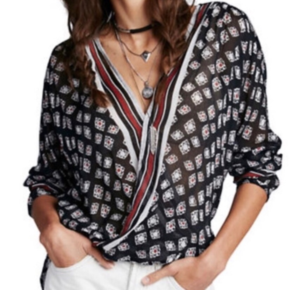 Free People Before Dawn Semi-Sheer Wrap Style Blouse Top